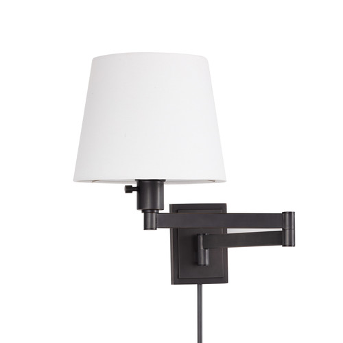 black wall fixture with a swinging arm and white shade